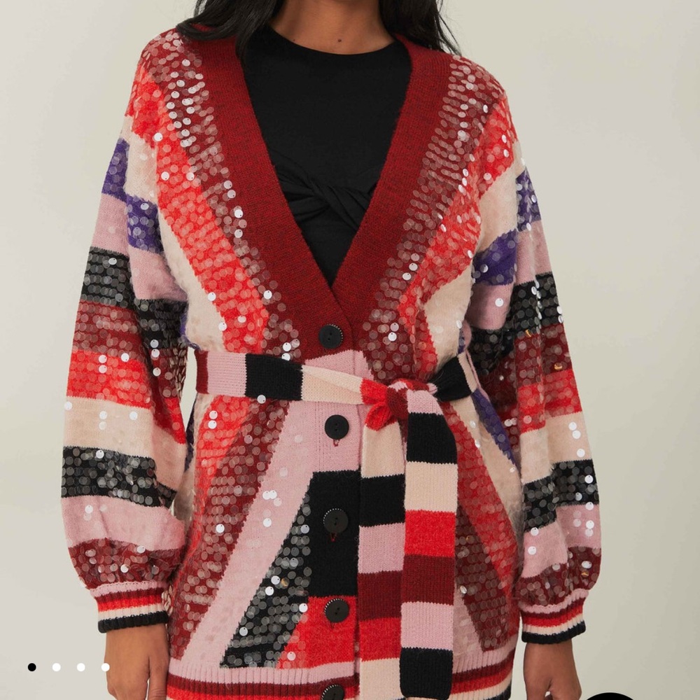 Farm Rio Red and Pink striped Cardigan Sweater with Belted Waist